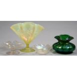 A WALSH WALSH 'OPALINE BROCADE' GLASS VASE, 15CM H, C1900 AND THREE OTHER SMALLER ITEMS OF