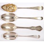 A GEORGE III SILVER TABLE SPOON, FEATHER EDGE PATTERN, CRESTED, MAKER'S MARK OVERSTRUCK ON ANOTHER'