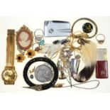 MISCELLANEOUS VINTAGE COSTUME JEWELLERY, TO INCLUDE LADIES AND GENTLEMAN'S WRISTWATCHES, TWO