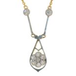 A DIAMOND PENDANT, MILLEGRAIN SET, ON INTEGRAL GOLD NECKLET MARKED 15 KT, DROP 26MM, LENGTH