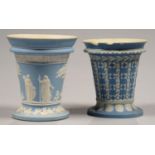 A WEDGWOOD BLUE JASPER DIP CACHE POT AND AN EARLIER ADAMS BLUE JASPER DIP DIAPER TURNED CACHE POT,