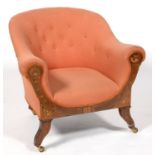 AN EDWARDIAN ROSEWOOD ARMCHAIR, THE U-SHAPED FRAME INLAID IN SATINWOOD AND BONE HEIGHTENED IN