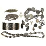 A SILVER BANGLE, 65MM, BIRMINGHAM 1957, A SILVER COIN BRACELET, A MARCASITE NECKLACE, ETC  Some