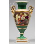 A CHAMBERLAIN WORCESTER GREEN GROUND EMPIRE STYLE VASE WITH GILT SWAN HANDLES AND FINELY PAINTED