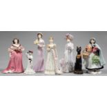 SIX COALPORT BONE CHINA FIGURES OF YOUNG LADIES AND A COMPTON AND WOODHOUSE GROUP OF BASLET AND