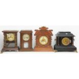 FOUR VARIOUS OAK, EBONISED AND OTHER MANTEL CLOCKS, 42CM H AND SMALLER, LATE 19TH / EARLY 20TH C