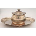 A VICTORIAN SILVER REEDED OVAL INKSTAND ON BUN FEET, 22CM L, BY MARTIN, HALL AND CO LIMITED,