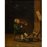 GERMAN NAIVE ARTIST, 19TH C, THE FIDLER AND HIS DOG, OIL ON CANVAS, 45.5 X 36CM Some flaking of