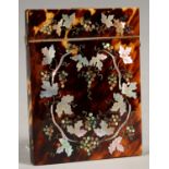 A VICTORIAN TORTOISESHELL CARD CASE, INLAID TO BACK AND FRONT IN ENGRAVED MOTHER OF PEARL WITH