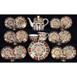 A ROYAL CROWN DERBY IMARI PATTERN TEA SERVICE, FOR SIX, OVAL TEAPOT AND COVER, 17.5CM H, PRINTED