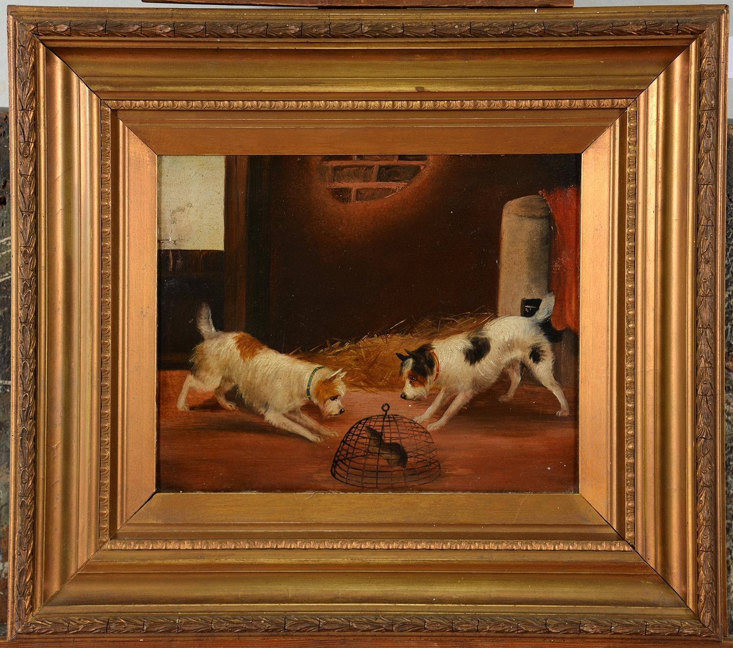 FOLLOWER OF GEORGE ARMFIELD, TERRIERS AND A CAGED RAT, OIL ON BOARD, 22.5 X 28.5CM Good condition, - Image 2 of 2