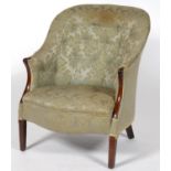 A MAHOGANY TUB CHAIR WITH SERPENTINE SEAT ON SQUARE TAPERED LEGS, UPHOLSTERED IN BUTTONED GREEN