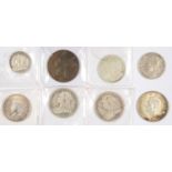 SILVER COINS. THREE VICTORIAN HALF CROWNS, FOUR OTHER SILVER COINS AND BRONZE PENNY 1858, VARIOUS