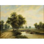 GLYNN WILLIAMS, WOODED LANDSCAPE WITH BARGE ON A CANAL, SIGNED, OIL ON HARDBOARD, 29 X 39.5CM Good