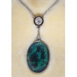 A BLACK OPAL AND DIAMOND PENDANT, MOUNTED IN WHITE GOLD ON INTEGRAL NECKLET, PENDANT 30MM, NECKLET