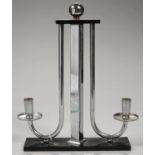 A MODERNIST CHROMIUM PLATED STEEL AND BLACK PLASTIC CANDELABRUM OF TWO LIGHTS, 37CM H, MID 20TH C