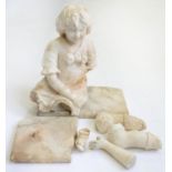 A STATUARY MARBLE FIGURE OF A YOUNG GIRL SEATED ON A LEDGE, APPROXIMATELY 45CM H, C1900 Damage and