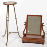 A VICTORIAN MAHOGANY DRESSING MIRROR AND AN EDWARDIAN TUBULAR BRASS PLANT STAND WITH GALLERIED