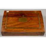 AN EARLY VICTORIAN EBONY AND BRASS INLAID ROSEWOOD WRITING SLOPE WITH FITTED INTERIOR, 40.5CM L,