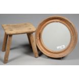 A VICTORIAN ASH WORKER'S STOOL, 25CM H AND A CIRCULAR PINE CAVETTO MIRROR Stool in good condition,