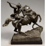 A CONTINENTAL SPELTER EQUESTRIAN SCULPTURE OF A SEMI NAKED WARRIOR ATTACKED BY A LION, ON EBONISED
