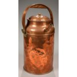 A SPOUTED CYLINDRICAL COPPER CANISTER AND COVER OF SHOULDERED CYLINDRICAL FORM WITH SWING HANDLE AND
