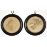 A PAIR OF COPENHAGEN BISCUIT PORCELAIN RELIEFS OF DAY AND NIGHT AFTER TORWALDSEN, 12CM D, PAINTED