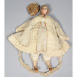 A 19TH C DOLL, THE POURED WAX HEAD WITH BLONDE WIG AND BLUE GLASS EYES, PADDED BODY WITH WAX