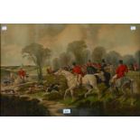 A VICTORIAN CHROMOLITHOGRAPH OF A FOX HUNT, 50 X 75CM Varnish yellowed with age
