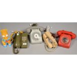 FOUR VINTAGE TELEPHONES, COMPRISING ARMY KHAKI STATESMEN, TRIM PHONE, TWO TONE GREY AND RED
