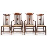 A SET OF FOUR EDWARDIAN ART NOUVEAU INLAID MAHOGANY CHAIRS, WITH PADDED SEAT, INCLUDING A PAIR OF