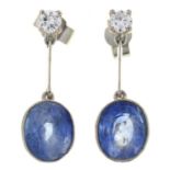 A PAIR OF SAPPHIRE AND DIAMOND EARRINGS, MOUNTED IN WHITE GOLD, 20MM, 3.7G Good condition