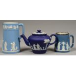 A DUDSON BROTHERS DARK BLUE JASPER DIP TEAPOT AND COVER, A WEDGWOOD SILVER MOUNTED BLUE JASPER DIP