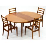 A G PLAN TEAK DINING TABLE AND SET OF FOUR LADDER BACK CHAIRS (SOLD WITHOUT SEATS), TABLE 73CM H;