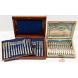 A SET OF TWELVE VICTORIAN MOTHER OF PEARL HAFTED EPNS DESSERT KNIVES AND FORKS IN PLUSH LINED WALNUT