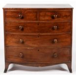 A VICTORIAN MAHOGANY BOW FRONTED CHEST OF DRAWERS, ON SPLAYED FEET, 107CM H; 53 X 107CM Feet