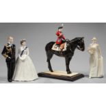 A COALPORT FIGURE OF TROOPING THE COLOUR AND TWO OTHERS - DIANA THE JEWEL IN THE CROWN AND A ROYAL