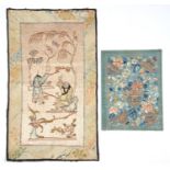 A CHINESE EMBROIDERED SILK PANEL OF FLOWERS AND INSECTS ON A PALE BLUE GROUND, 35 X 25CM AND A