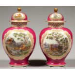 A PAIR OF GERMAN PORCELAIN MAGENTA GROUND JARS AND COVERS, PAINTED WITH A HUNTING SCENE OR