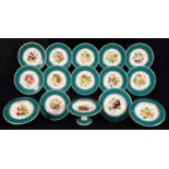 AN ENGLISH PORCELAIN CHROME GREEN GROUND DESSERT SERVICE, PAINTED WITH FRUIT IN GILT BORDER, THE
