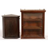 A MAHOGANY HANGING CABINET WITH GLAZED DOOR, 76CM H; 24 X 63CM, 20TH C AND A SMALLER STAINED OAK