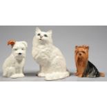 THREE BESWICK ANIMALS, COMPRISING SEATED PUPPY, YORKSHIRE TERRIER AND PERSIAN CAT, CAT 21CM H,