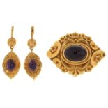 A VICTORIAN STYLE FOILED AMETHYST AND 14CT GOLD DEMI PARURE OF BROOCH AND PAIR OF EARRINGS, BROOCH