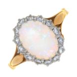 AN OPAL AND DIAMOND CLUSTER RING, GOLD HOOP MARKED 18CT & PLAT, 3G, SIZE K Opal polish dull from