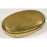 AN OVAL DUTCH BRASS TOBACCO BOX, THE LID AND UNDERSIDE ENGRAVED WITH TWO FIGURES AT A TABLE