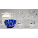 A WEBB CORBETT CUT GLASS BOWL, 28CM DIA, ETCHED MARK, A BLUE CASED AND CUT GLASS WILLOW PATTERN