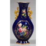 A STAFFORDSHIRE PORCELAIN COBALT GROUND DRAGON HANDLED VASE, PAINTED TO EITHER SIDE WITH TWO