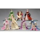 A SET OF WEDGWOOD BONE CHINA FIGURE OF HENRY VIII AND HIS SIX WIVES, 20CM H AND CIRCA, PRINTED MARKS