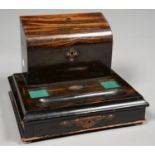 A VICTORIAN EBONY AND MARBLE WOOD INKSTAND INCORPORATING A STATIONERY BOX, ON BUN FEET, WITH OVAL