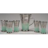 A GREEN FROSTED AND SILVERED GLASS WATER JUG AND SET OF FIVE BEAKERS, JUG 22CM H, C1940 Good